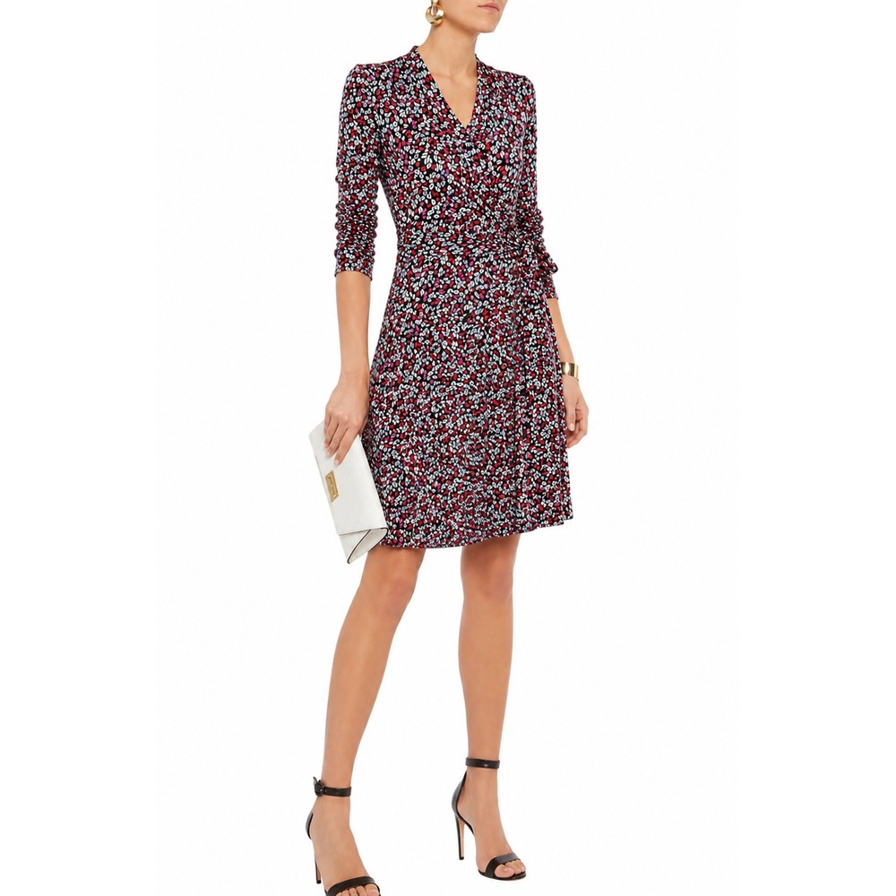 Liz Claiborne Womens Faux Wrap Dress S Red Blue Floral Petal Print Midi Workwear